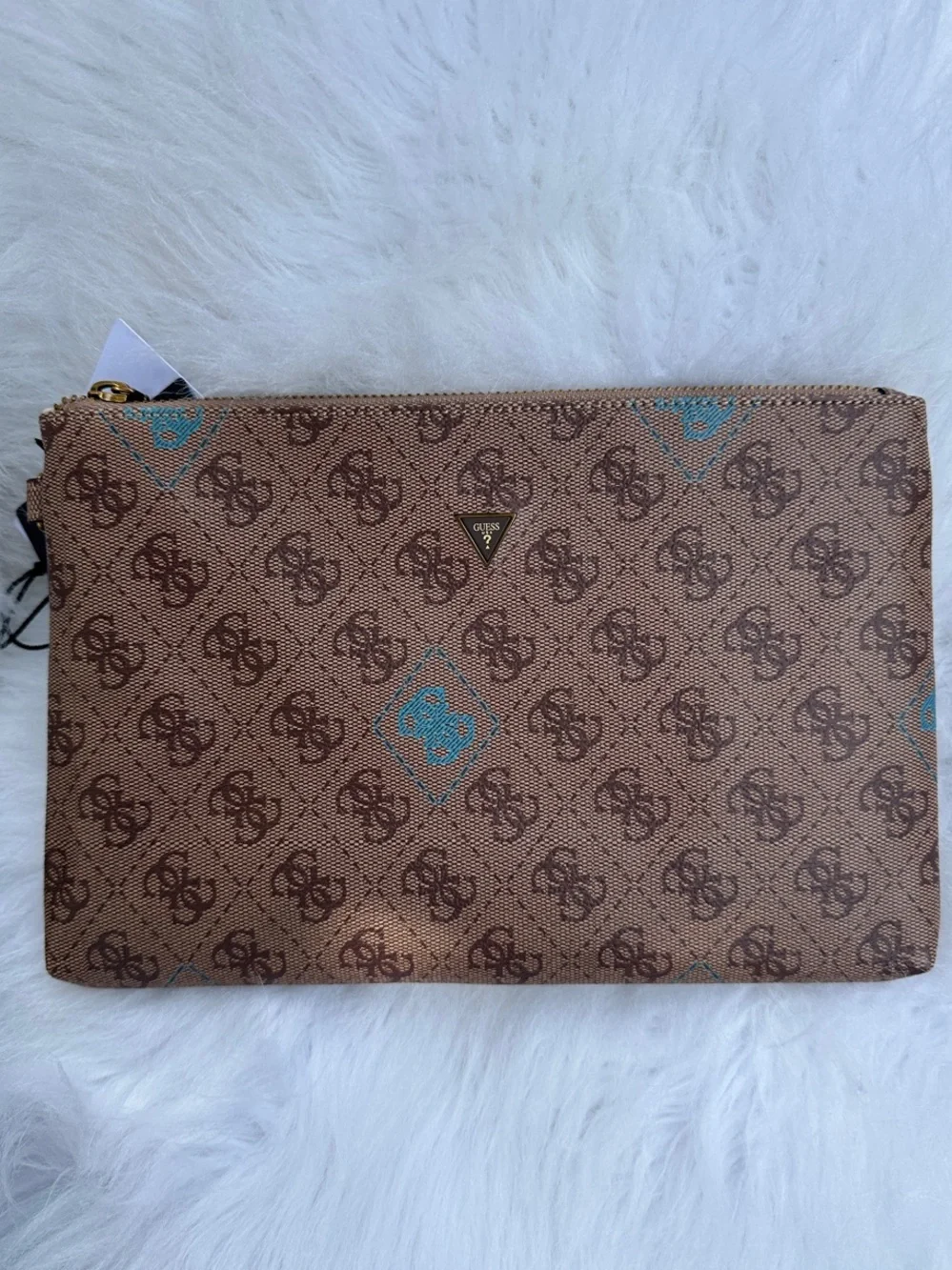 New Guess Brown Monogram Pouch with Teal Accents